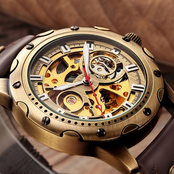 Retro Bronze Skeleton Mechanical Watch Men Automatic Watches Sport Luxury Top Brand Leather Watch Relogio Masculino Male Clock J190614