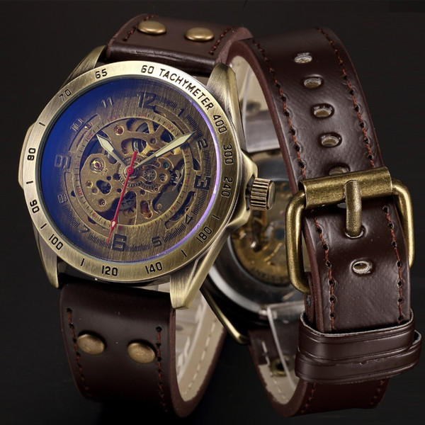 Skeleton Mechanical Watch Automatic Watch Men Steampunk Bronze Transparent Mens Automatic Mechanical Wrist Watches Clock For Man Y19070603