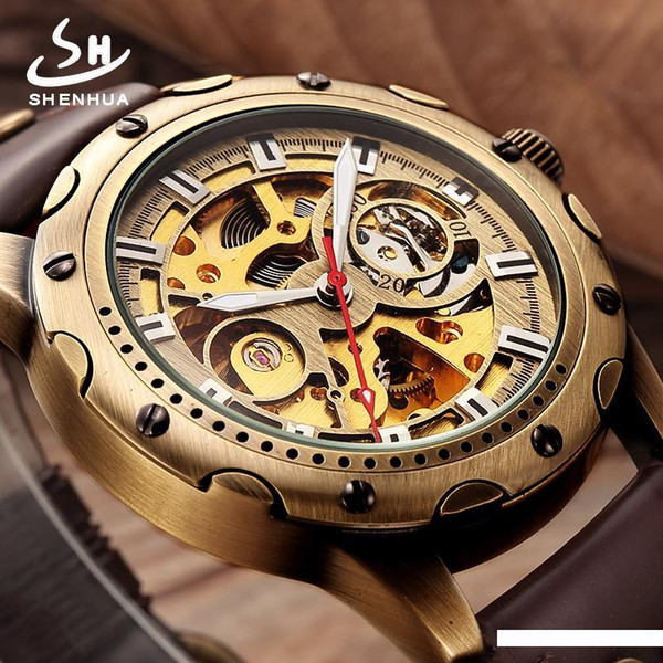 Mens Retro Skeleton Automatic Mechanical Watch Steampunk Men SHENHUA Vintage Bronze Plating Transparent Wrist Watches Clock Man D18100709