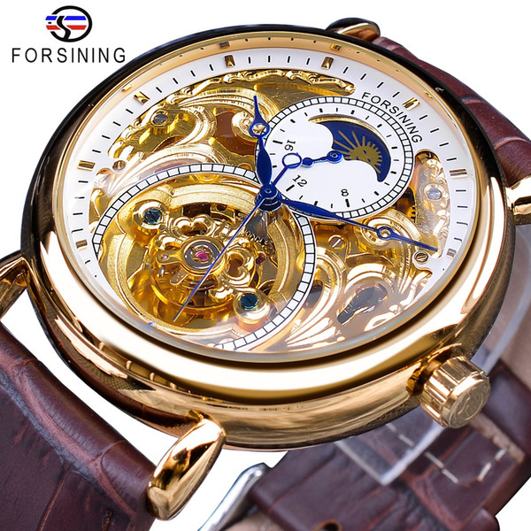 Forsining White Golden Display Brown Genuine Leather Moonphase Design Fashion Blue Hands Mens Mechanical Watch