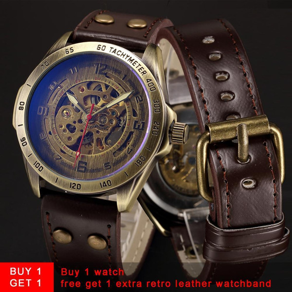 Skeleton Mechanical Watch Automatic Watch Men Steampunk Bronze Transparent Mens Automatic Mechanical Wrist Watches Clock For Man MX190724