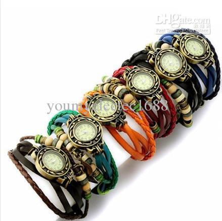 Retro Quartz Fashion Weave Wrap Around Leather Bracelet Bangle Womens Tree Leaf Green Girl Watch instock same day ship