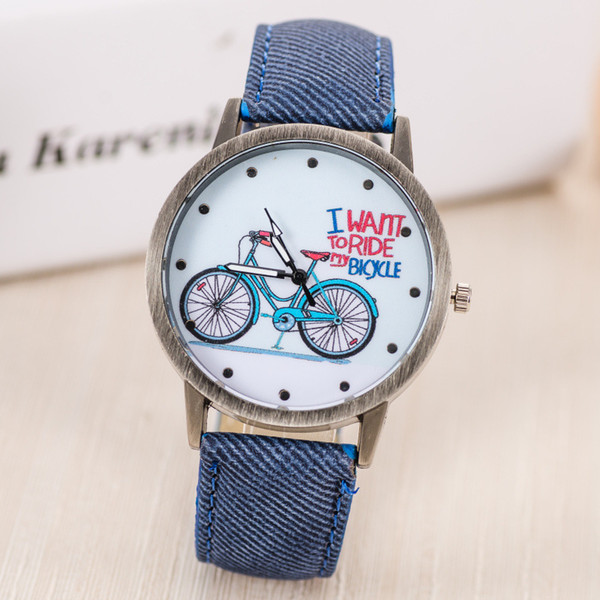 wengle New 2018 fashion sell well Textile denim Bronze bicycle letter pattern Glass mirror Quartz watch