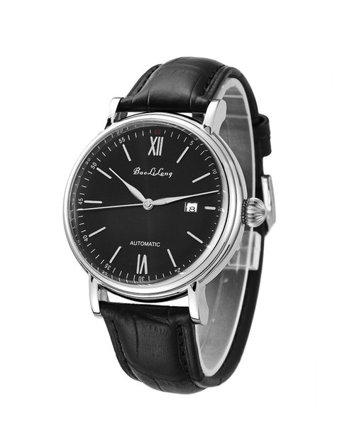 Automatic watch, men's leather strap, stainless steel case, waterproof calendar, fashion trend, student watch, free of charge