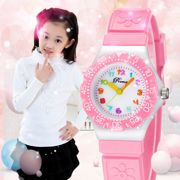 Prema New Cute Watch Waterproof Girl Kid Children Wristwatches Round Dial Printings Leather Strap Quartz Watch colorful