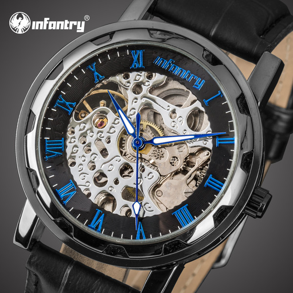 INFANTRY Famous Luxury Brand Mens Skeleton Mechanical Watch Leather Strap Designer Watches for Men Casual Fashion Male Clock montre homme