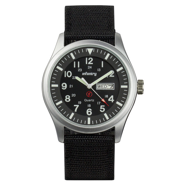 INFANTRY Date Day Display Quartz Wrist Watch Men Black Silver Stainless Steel Case Nylon Strap Band Army Military Sport Fashion Outdoor