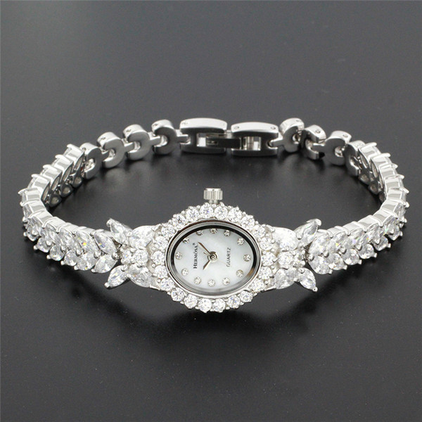 Hermosa Band Watch For Women Crystal White crystal Cubic Zirconia 925 Sterling Silver Charm Links Bracelet Wristwatch 19cm