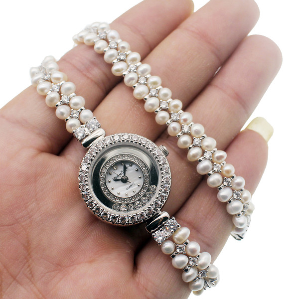 Pearl Watch For Women White Cubic Zirconia 925 Sterling Silver Charm Double Links Bracelet Wristwatch Fashion Pretty Prom Gifts 38cm