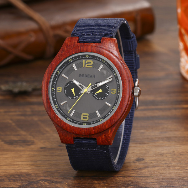 Fashion Men's Five-Stitch Red Sandalwood Single Case Blue Nylon Watch with Watch Wooden Quartz Watch All photos and styles can be customized