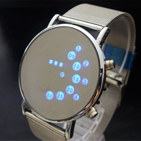 Fashion Cool Men Clock Watch Iron Man Blue LED Watches Luxury Stainless Steel Binary Bracelets & Bangles Wristwatch gift