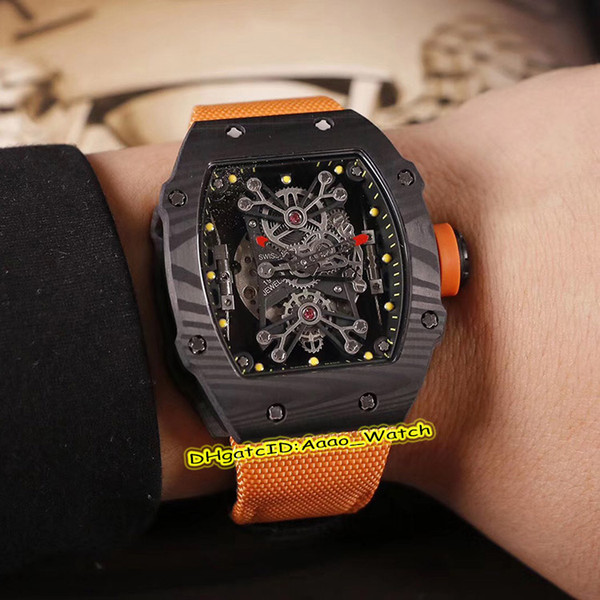 Men's Collection New RM27-01 Skeleton Dial Japan Miyota Automatic RM 27-01 Mens Watch Carbon Fiber Case Orange Nylon Strap Sports Watch