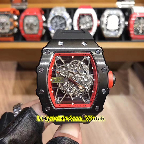 Luxry High Quality RM 53-01 RAFAEL NADAL Skeleton Dial Black steel Case Automatic Mechanical Mens Watch Black Rubber Strap Sports Watches