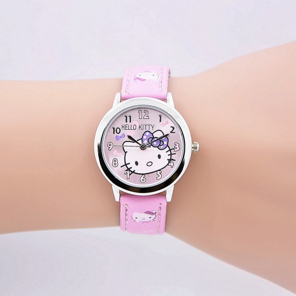 Fashion Children students Girl Hello kitty KT cat style Leather strap Wrist Watch