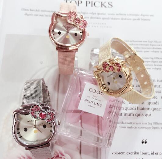 Fashion Girls Watches Kids Watches Cute Cartoon Hello Kitty Cat Watch Luxury Fashion Lady Girl Stainless Steel Net Band Watch