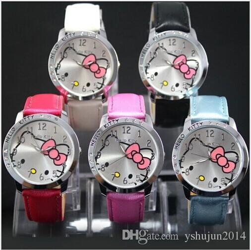 Luxury Crystal Diamond KITTY Cat Wristwatches children watch ladies Girls Quartz Watch with PU Leather Strap