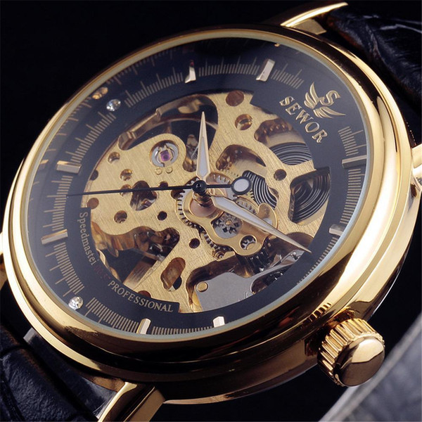 2018 SEWOR Hollow Mechanical Hand-Wind Men Women Watches Classic Carving Skeleton Gold Dial Genuine Leather Strap Wrist Watch D18101301