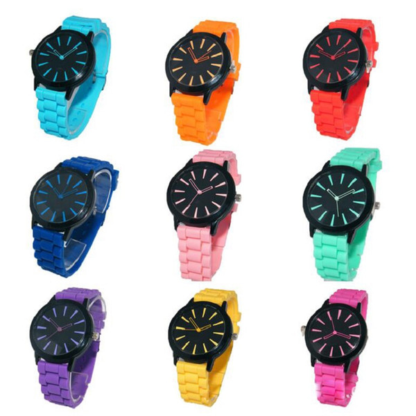 Wholesale Christmas Gift Candy Colors Women Men Genneva Watch Silicone Rubber Needle Watches Fashion Students Wristwatches