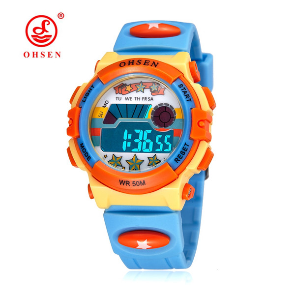 Original OHSEN Brand Kids Boys Digital LCD Wristwatch Gifts Blue Rubber Band Children Electronic Sports 50M Swim Waterproof Watches Horloge