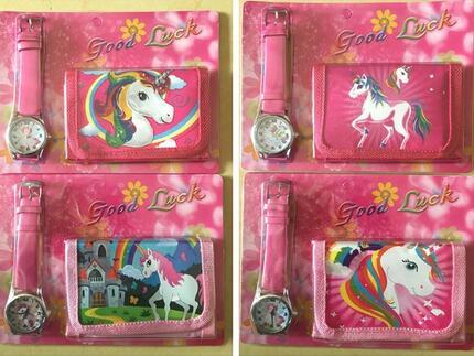 Lot Cartoon unicorn Wristwatch watch and Purses Wallets Set Kids Gift C--25