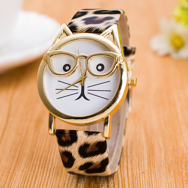 2018 Hot Sale Cute Shape Creative Golden Glasses Cartoon Bearded Cat Face Children Watch 11 Colors