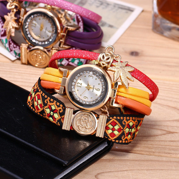 New Exquisite Casual Women Watches Fashion Lady PU Strap Bracelet Wristwatches Alloy Leaf Quartz Watches