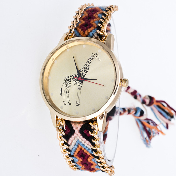 Women Watches New Fashion Lady Alloy Chains Multicolor Knitting Yarns Strap Vintage Giraffe Pattern Quartz Wristwatches