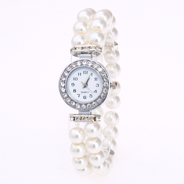 Wristwatches For Women Elegant Fashion Imitation Pearls Elastic Strap Watches New Casual Rhinestone Quartz Dress Watches