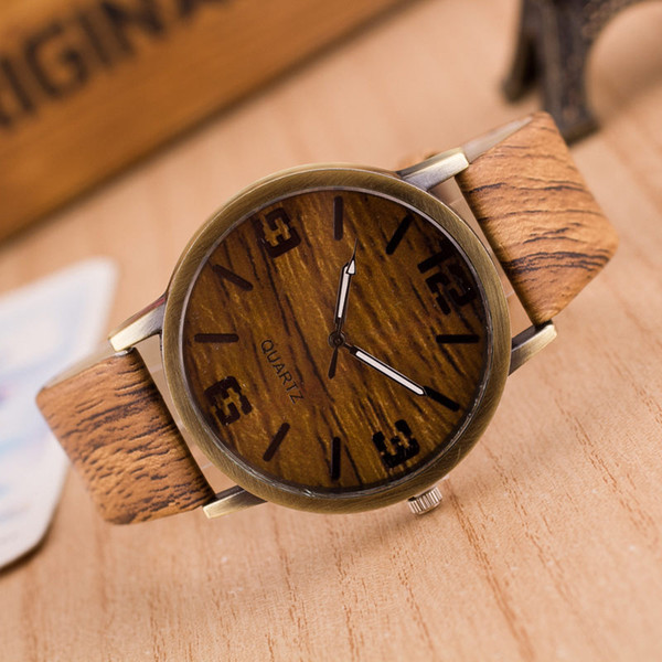 Wristwatches New Fashion Unisex Watches Vintage PU Leather Strap Imitation Wood Grain Quartz Watch