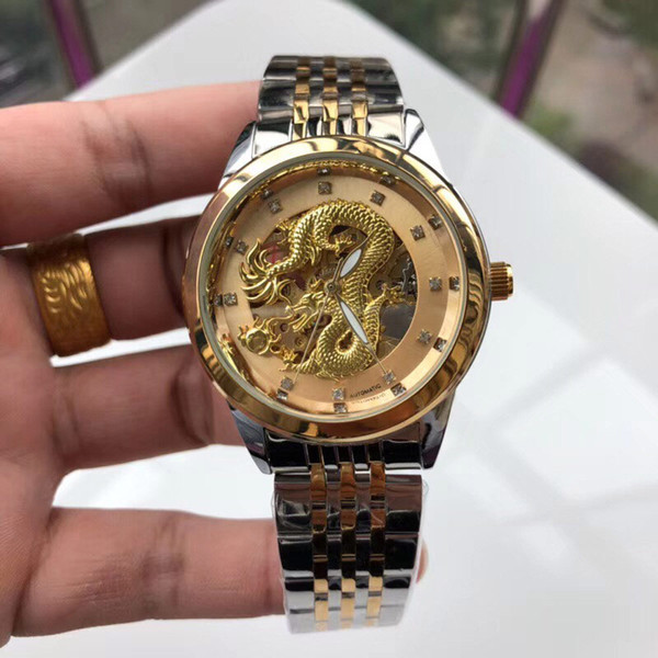 Brand mens designer watches Luxury Carving Chinese dragon 42mm diamond dial Gold Stainless Steel band automatic mechanical watch for men's