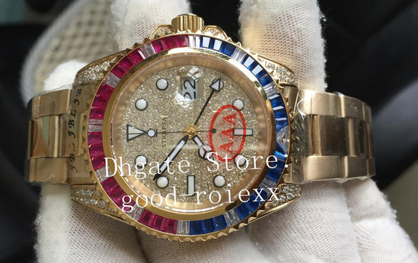 Luxury Automatic 2813 Yellow Gold Men's Diamond Dial Bezel Watch Mechanical Movement Men Gmt II Watches Sapphire Crystal 116758 Wristwatches