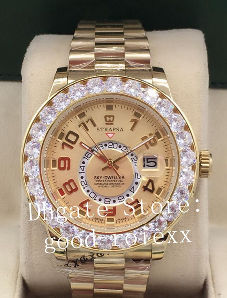 Luxury Big Diamond Wristwatches Mens Full Gold Watch Men Automatic 2813 Annual Calendar Sky Dweller 326935 GMT Sapphire glass 326938 Watches