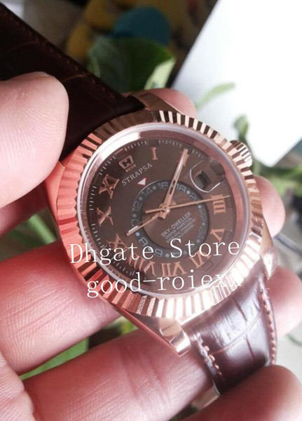 Luxury Mens Automatic Watch Asia 2813 Movement Brown Watches 326135 326138 Gold Leather Strap 326935 Date Sky Dweller Men Sport Wristwatches