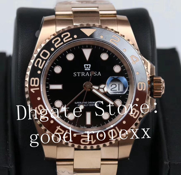 Luxury Rose Gold 904L Steel Watch Mens GM Factory Automatic ETA 2836 Black Brown Bezel Cerachrom Men Gmt II 126715 Chnr Master Pepsi Watches