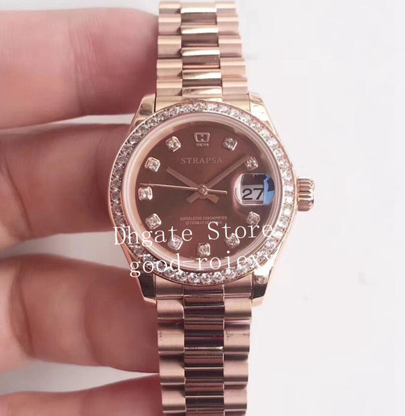 Luxury 28mm Brown Dial Diamond Bezel Watches Rose Gold Ladys Automatic Eta 2671 Watch Women's Ladies President 279135 Perpetual Wristwatches
