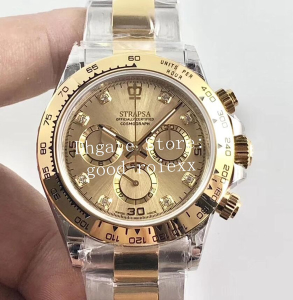 Luxury Mens Chronograph Watch Automatic Cal.4130 Champagne Dial Watches Two Tone Steel Gold 116523 Men Eta Cosmograph Sport Wristwatches