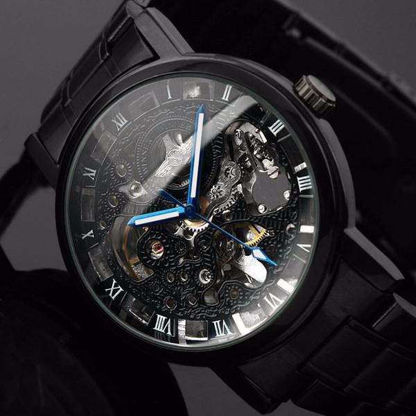 2019 New Black Men's Skeleton WristWatch Stainless steel Antique Steampunk Casual Automatic Skeleton Mechanical Watches Male+Watch Box