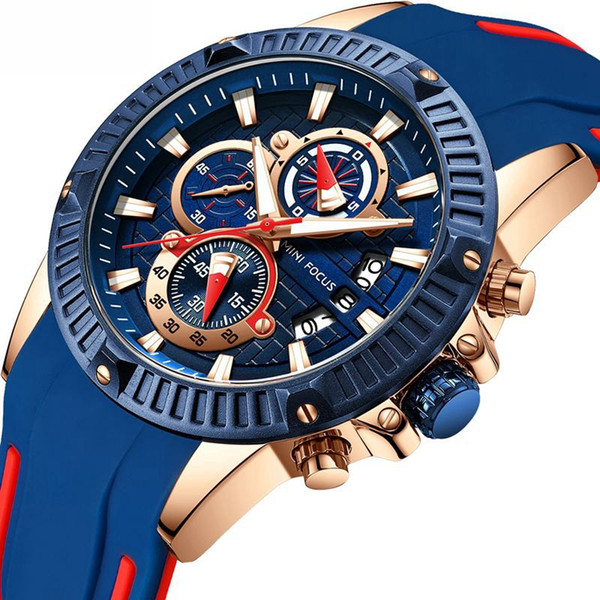 Mens Watches Top Brand Men Quartz Chronograph Watch MINIFOCUS Date Clock Man Blue Silicone Strap Casual Sport Wrist Watch