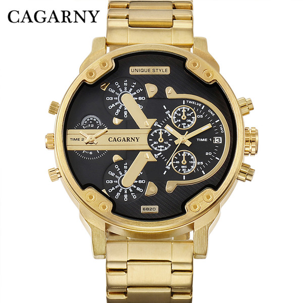 Cagarny Men's Watches Men Fashion Quartz Wristwatches Cool Big Case Golden Steel Watchband Military Relogio Masculino D6820 Hour