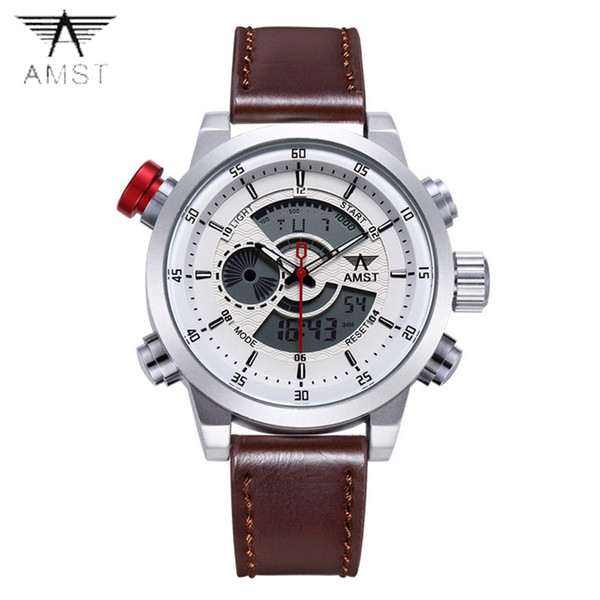 2018 AMST Brand Quartz Watch for men fashion LED dual display military sports watches simple leather strap waterproof clock 3013