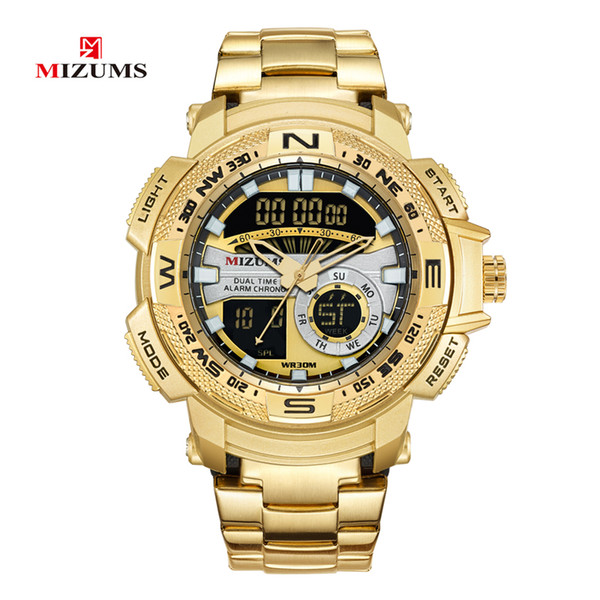 MIZUMS Military Wrist Watches LED Digital Sport Watch Men Gold Stainless Steel Band Dual Time Quartz Clock Man Waterproof Relogio Masculino