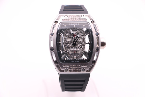 BOYUHENG 052 man high quality watch black skull dial man's black rubber black Circle silver steel case quartz diamond watch