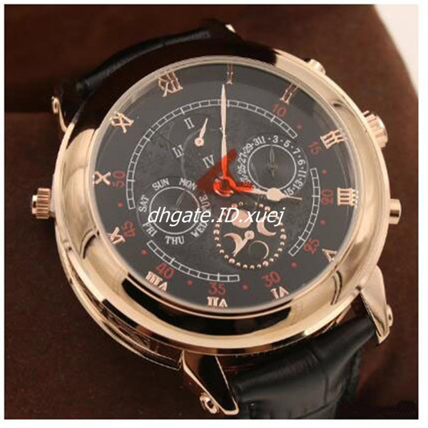 Top sell wholesale New Men's Automatic Watch Sky Moon Sport Style Double Face Leather Band Men Watches Wristwatch