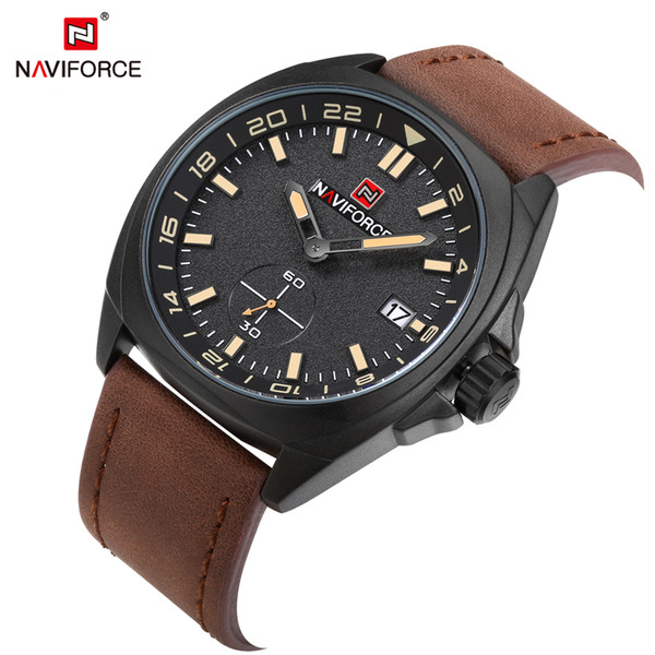 NAVIFORCE Original Good quality Men's Analog Quartz Waterproof Sport Leather Band Date small dial Wrist watch 9104