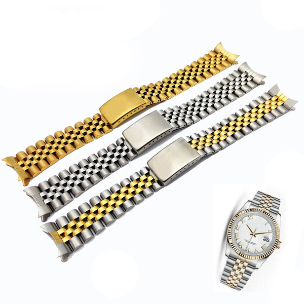 13 17 20mm Pure Solid Stainless Steel Two Tone Hollow Curved End Solid Screw Links Watch Band Strap for Rolex Old Style Jubilee Bracelets