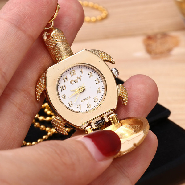 Turtle Shape Unisex Antique Case Vintage Brass Rib Chain Quartz Pocket Watch 10.12