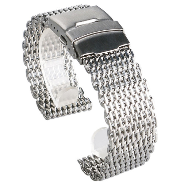 Silver Mesh Stainless Steel 18mm/20 mm/22mm/24mm Fold Over Clasp With Safety Watch Strap Band For Business Smart Watches