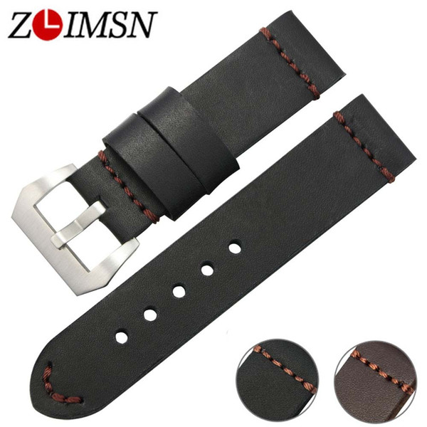 ZLIMSN Black Brown Genuine Leather Watches bands 22mm 24mm Watch Women Straps Silver Brushed Metal Buckles Relojes Hombre TG50