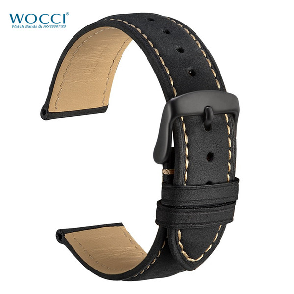 WOCCI Casual Replacement Watchbands Micro-suede Finishing Wrist Band Quality Genuine Leather With Black Buckle Lugs Install Tools