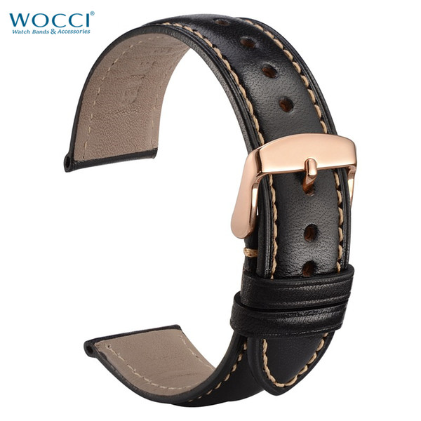 WOCCI Watchbands Straps Calfskin Leather Bracelet Bands Width 18mm, 20mm, 22mm Watches Replacement Bands With Rose Gold Neddle Buckle